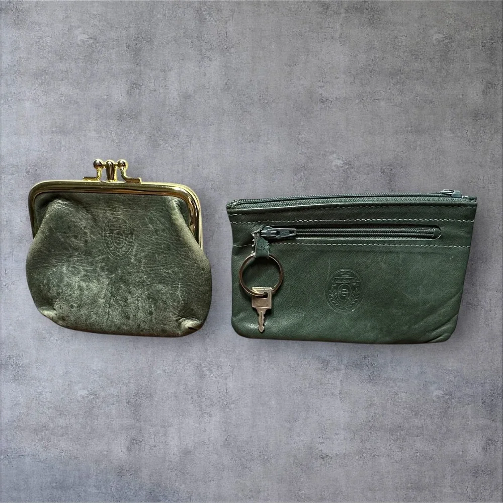 2 La Garde Leather Coin Purse Pouch Set  Green Good Vintage Kiss Lock‎ Key